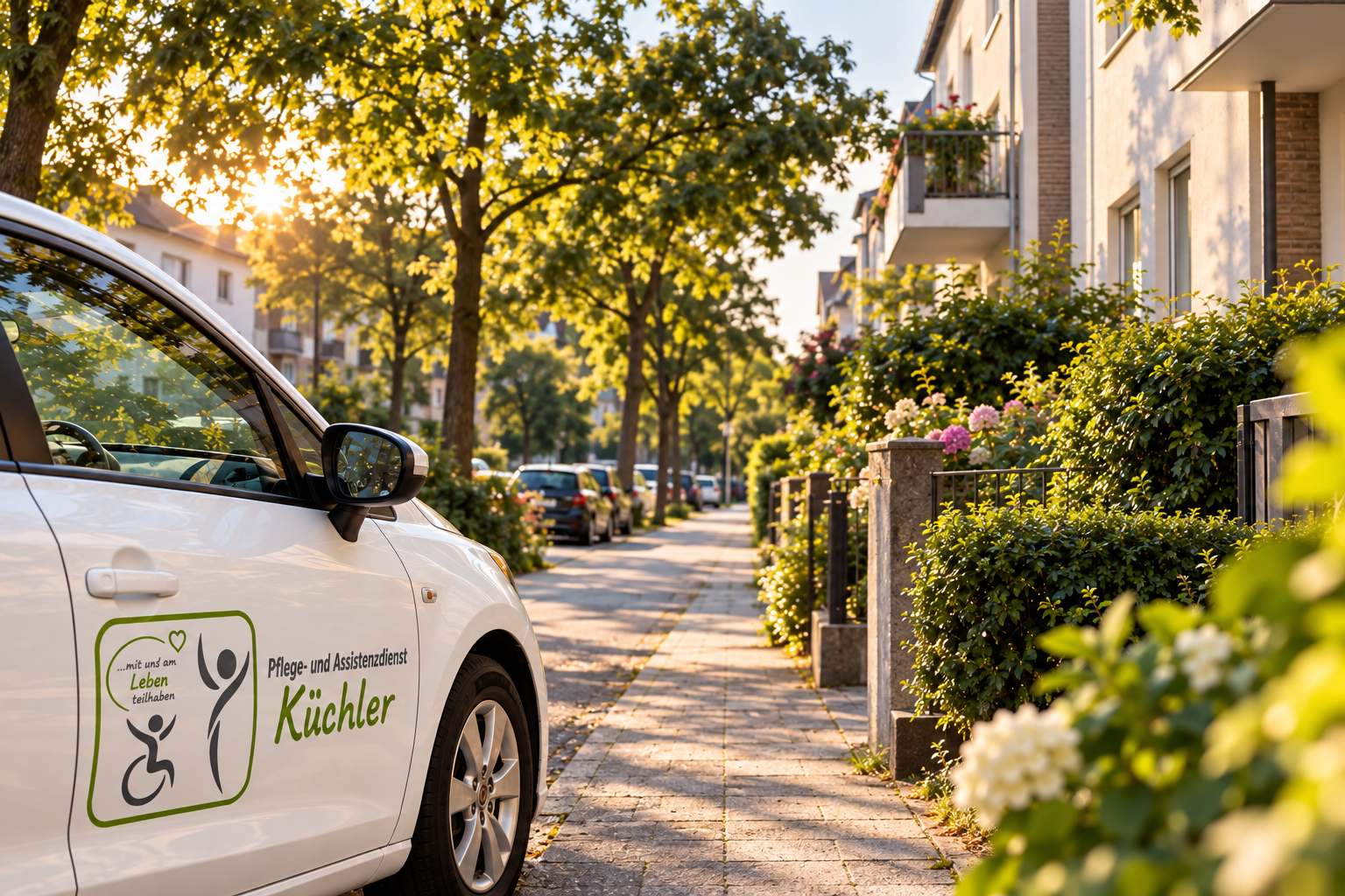 pflegedienst-kuechler-fahrzeug-essen-ki Fahrzeug des Pflege- und Assistenzdienstes Küchler in Essen – KI-generiertes Bild
